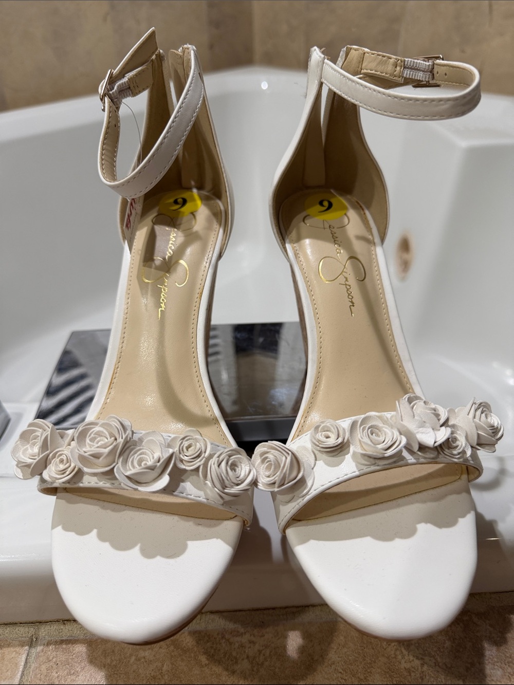 Jessica Simpson Ivory Ankle-Strap Rose Embellished Heels